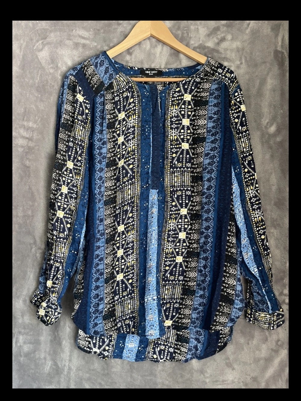 Nine West Blue Multi-Pattern Long Sleeve Tunic